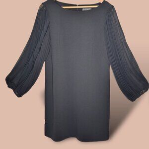 Jessica Howard Black Sheath Dress Size‎ 14 Pleated Sheer Sleeves Back Zip
